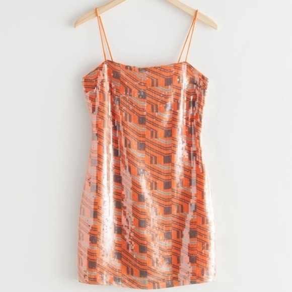 NWT &Other Stories Orange Sequin Geometric Print Minidress Size 10 - Picture 2 of 6